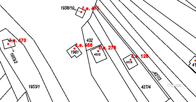 Komín 278, Brno na parcele st. 431/2 v KÚ Komín, Katastrální mapa