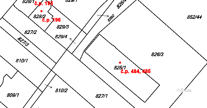Suchdol nad Lužnicí 484,485 na parcele st. 825/1 v KÚ Suchdol nad Lužnicí, Katastrální mapa