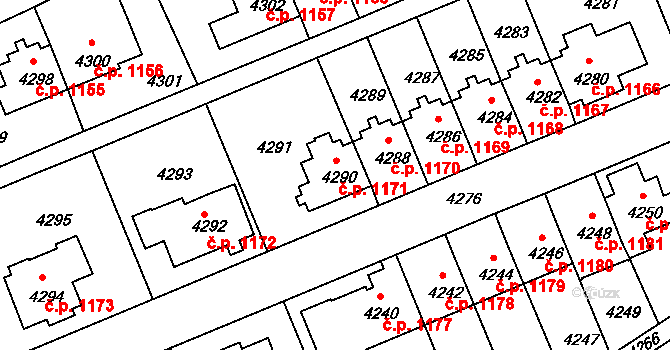 Záběhlice 1171, Praha na parcele st. 4290 v KÚ Záběhlice, Katastrální mapa