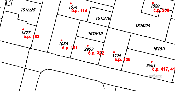 Kryblice 322, Trutnov na parcele st. 2963 v KÚ Trutnov, Katastrální mapa