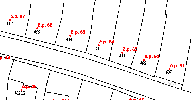 Blučina 64 na parcele st. 412 v KÚ Blučina, Katastrální mapa