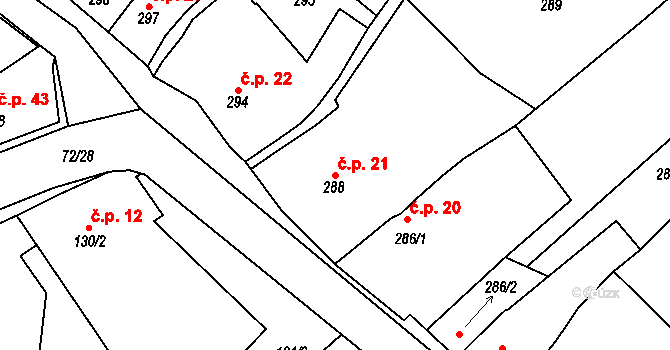 Rozdrojovice 21 na parcele st. 288 v KÚ Rozdrojovice, Katastrální mapa