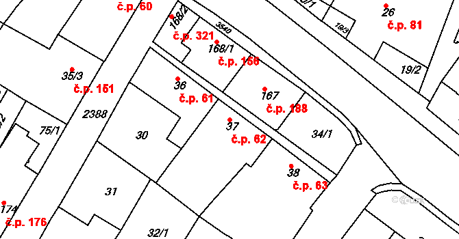 Rosice 62 na parcele st. 37 v KÚ Rosice u Brna, Katastrální mapa