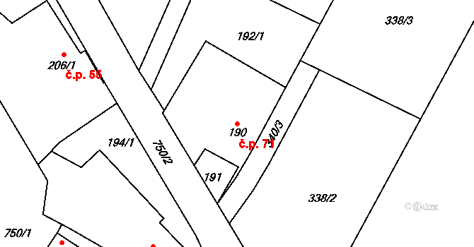 Červený Hrádek 71, Plzeň na parcele st. 190 v KÚ Červený Hrádek u Plzně, Katastrální mapa