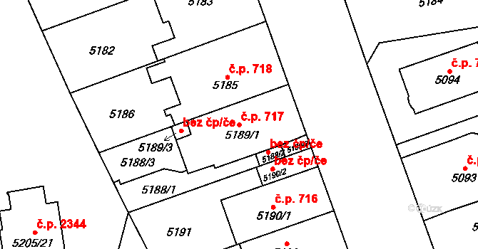 Východní Předměstí 717, Plzeň na parcele st. 5189/1 v KÚ Plzeň, Katastrální mapa