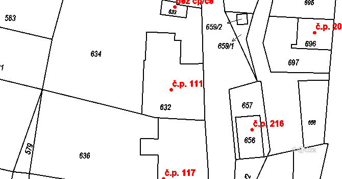 Deblín 111 na parcele st. 632 v KÚ Deblín, Katastrální mapa