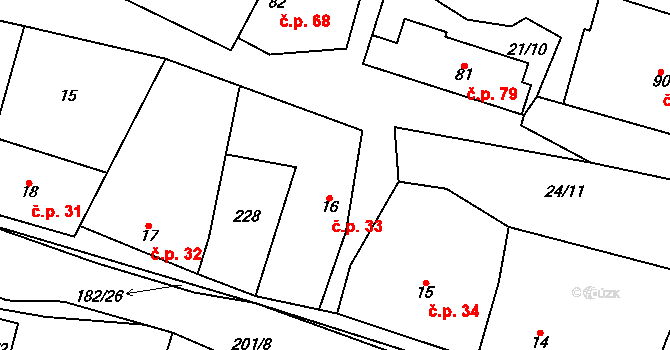 Kropáčova Vrutice 33 na parcele st. 16 v KÚ Kropáčova Vrutice, Katastrální mapa
