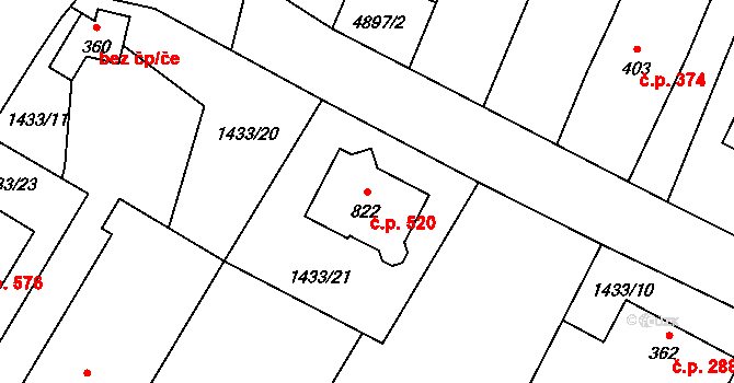 Mohelno 520 na parcele st. 822 v KÚ Mohelno, Katastrální mapa