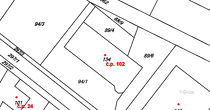 Rohoznice 102 na parcele st. 134 v KÚ Rohoznice, Katastrální mapa