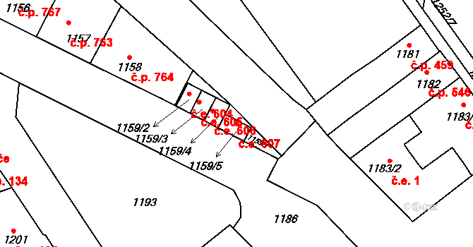 Hustopeče 607 na parcele st. 1159/5 v KÚ Hustopeče u Brna, Katastrální mapa