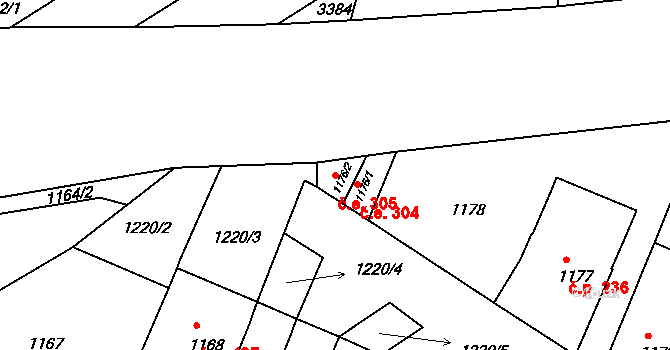 Střelice 305 na parcele st. 1176/2 v KÚ Střelice u Brna, Katastrální mapa