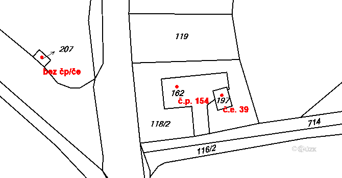 Studánka 154, Hranice na parcele st. 162 v KÚ Studánka u Aše, Katastrální mapa