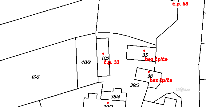 Jestřabí 33 na parcele st. 102 v KÚ Jestřabí nad Vláří, Katastrální mapa