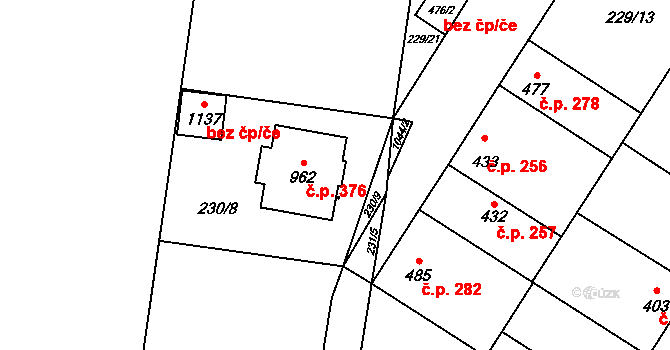 Humny 376, Pchery na parcele st. 962 v KÚ Pchery, Katastrální mapa