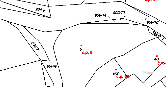 Mokrosuky 6 na parcele st. 5 v KÚ Mokrosuky, Katastrální mapa