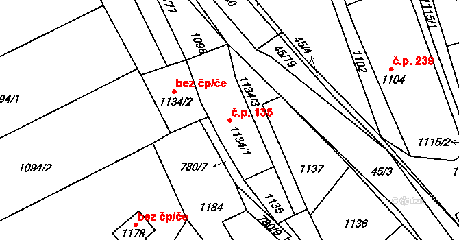 Olešnice 135 na parcele st. 1134/1 v KÚ Olešnice na Moravě, Katastrální mapa