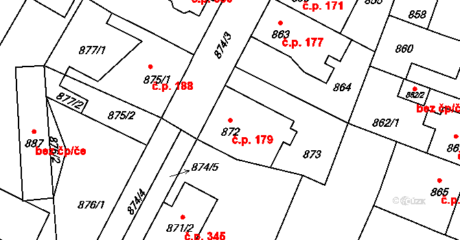 Rychlov 179, Bystřice pod Hostýnem na parcele st. 872 v KÚ Rychlov u Bystřice pod Hostýnem, Katastrální mapa