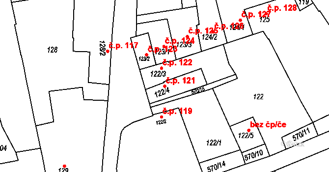 Dubany 121, Vrbátky na parcele st. 122/4 v KÚ Dubany na Hané, Katastrální mapa