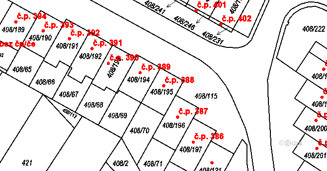 Dobšice 388 na parcele st. 408/195 v KÚ Dobšice u Znojma, Katastrální mapa