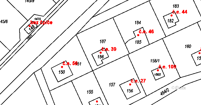 Dojetřice 39, Sázava na parcele st. 186 v KÚ Dojetřice, Katastrální mapa