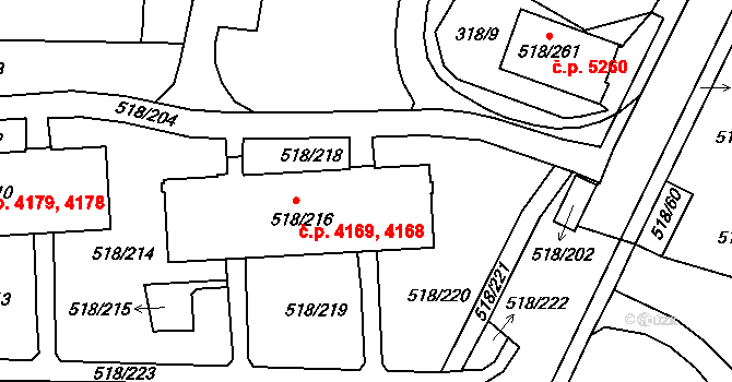 Mšeno nad Nisou 4168,4169, Jablonec nad Nisou na parcele st. 518/216 v KÚ Mšeno nad Nisou, Katastrální mapa