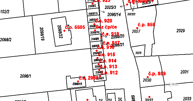 Jihlava 916 na parcele st. 2098/23 v KÚ Jihlava, Katastrální mapa