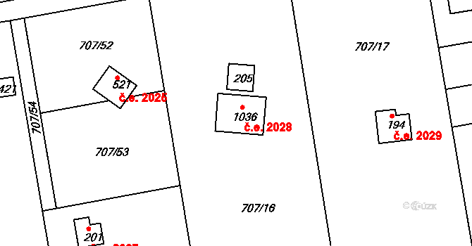Skuheř 2028, Kamenice na parcele st. 1036 v KÚ Těptín, Katastrální mapa