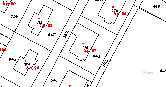 Sovínky 87 na parcele st. 116 v KÚ Sovínky, Katastrální mapa
