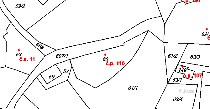 Býčkovice 110 na parcele st. 60 v KÚ Býčkovice, Katastrální mapa