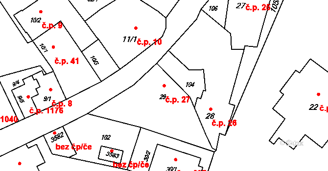 Rožnov pod Radhoštěm 27 na parcele st. 29 v KÚ Rožnov pod Radhoštěm, Katastrální mapa