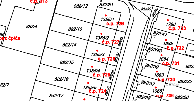 Prachatice II 726, Prachatice na parcele st. 1355/3 v KÚ Prachatice, Katastrální mapa