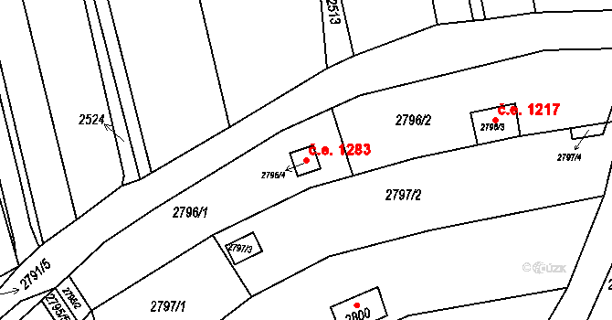 Žebětín 1283, Brno na parcele st. 2796/4 v KÚ Žebětín, Katastrální mapa