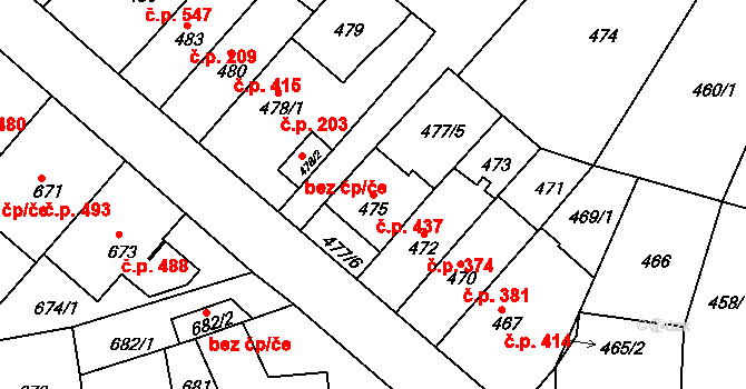 Komín 437, Brno na parcele st. 475 v KÚ Komín, Katastrální mapa