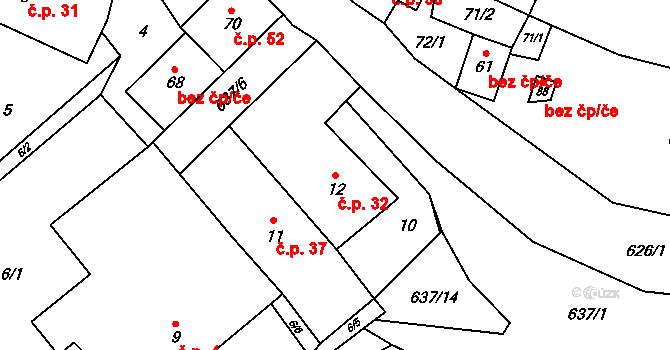 Roubanina 32 na parcele st. 12 v KÚ Roubanina, Katastrální mapa