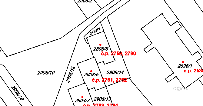 Teplice 2759,2760 na parcele st. 2895/5 v KÚ Teplice, Katastrální mapa