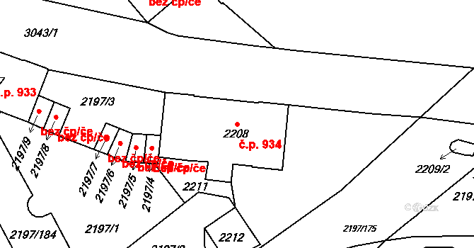 Místek 934, Frýdek-Místek na parcele st. 2208 v KÚ Místek, Katastrální mapa