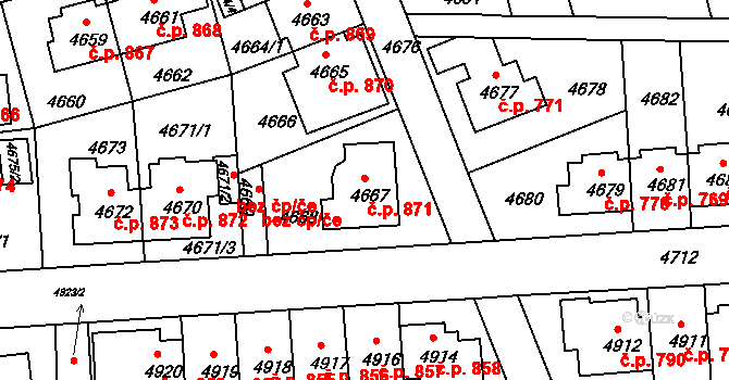 Záběhlice 871, Praha na parcele st. 4667 v KÚ Záběhlice, Katastrální mapa