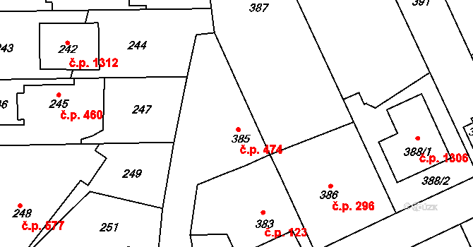 Suchdol 474, Praha na parcele st. 385 v KÚ Suchdol, Katastrální mapa