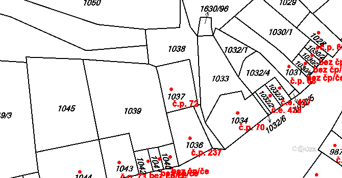 Teplické Předměstí 72, Bílina na parcele st. 1037 v KÚ Bílina, Katastrální mapa