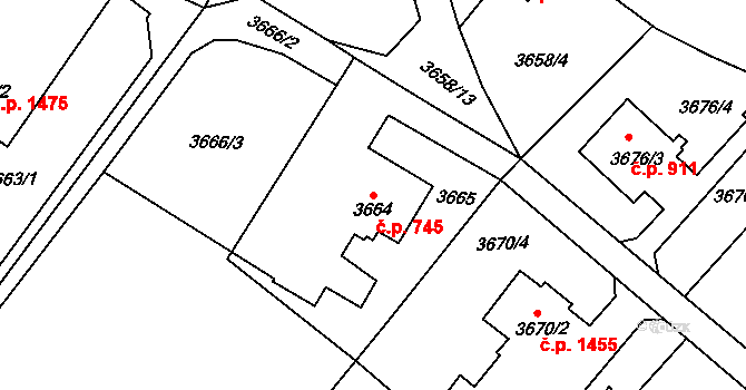 Fryštát 745, Karviná na parcele st. 3664 v KÚ Karviná-město, Katastrální mapa