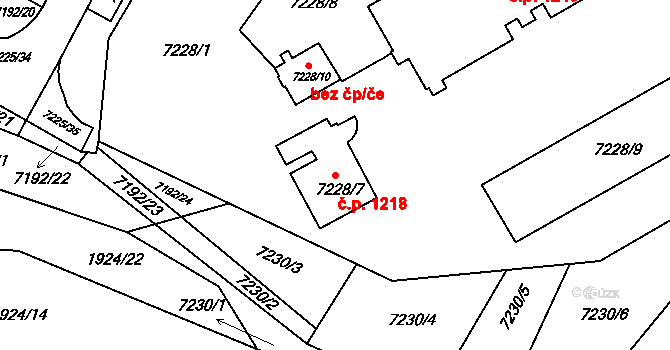 Bystrc 1218, Brno na parcele st. 7228/7 v KÚ Bystrc, Katastrální mapa