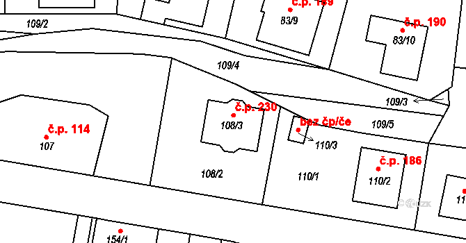 Čelkovice 230, Tábor na parcele st. 108/3 v KÚ Čelkovice, Katastrální mapa