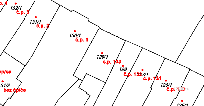 Střed 133, Rokycany na parcele st. 129/1 v KÚ Rokycany, Katastrální mapa
