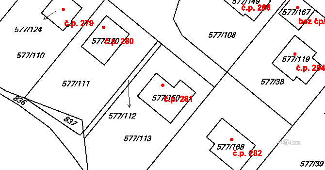Stehelčeves 281 na parcele st. 577/150 v KÚ Stehelčeves, Katastrální mapa