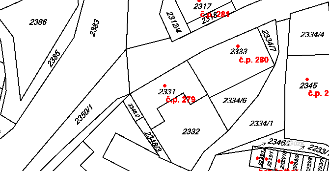Jemnice 279 na parcele st. 2331 v KÚ Jemnice, Katastrální mapa