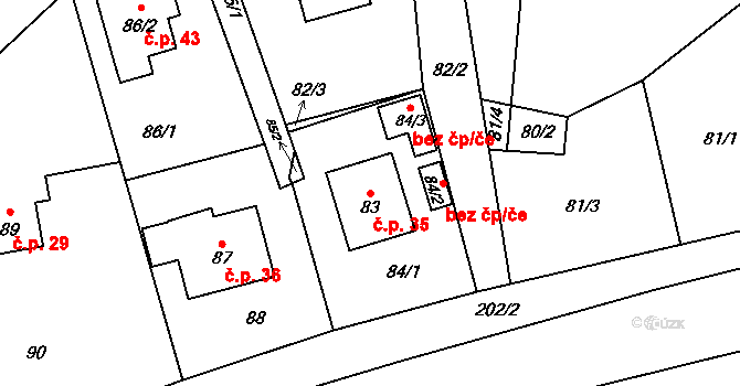 Střemchoví 35, Dolní Loučky na parcele st. 83 v KÚ Střemchoví, Katastrální mapa