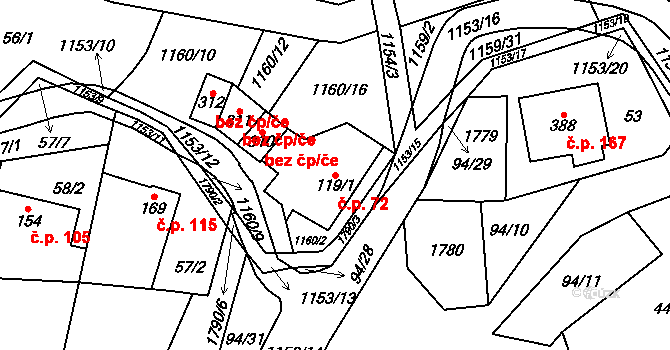 Vlčková 72 na parcele st. 119/1 v KÚ Vlčková, Katastrální mapa