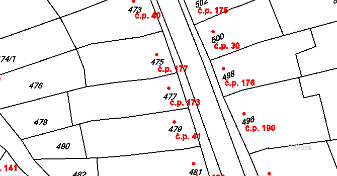 Kobeřice u Brna 173 na parcele st. 477 v KÚ Kobeřice u Brna, Katastrální mapa