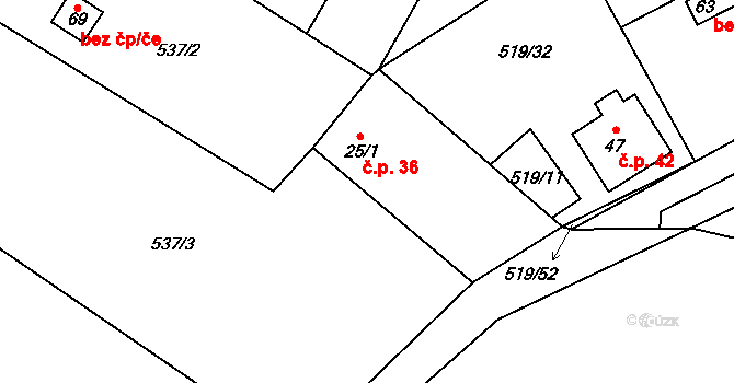 Chmelná 36, Sušice na parcele st. 25/1 v KÚ Velká Chmelná, Katastrální mapa