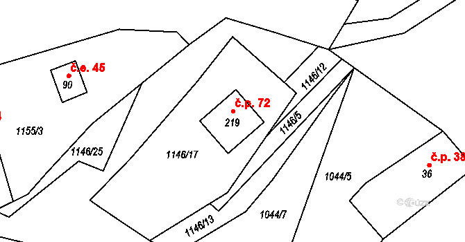 Velká 72, Kamýk nad Vltavou na parcele st. 219 v KÚ Velká nad Vltavou, Katastrální mapa